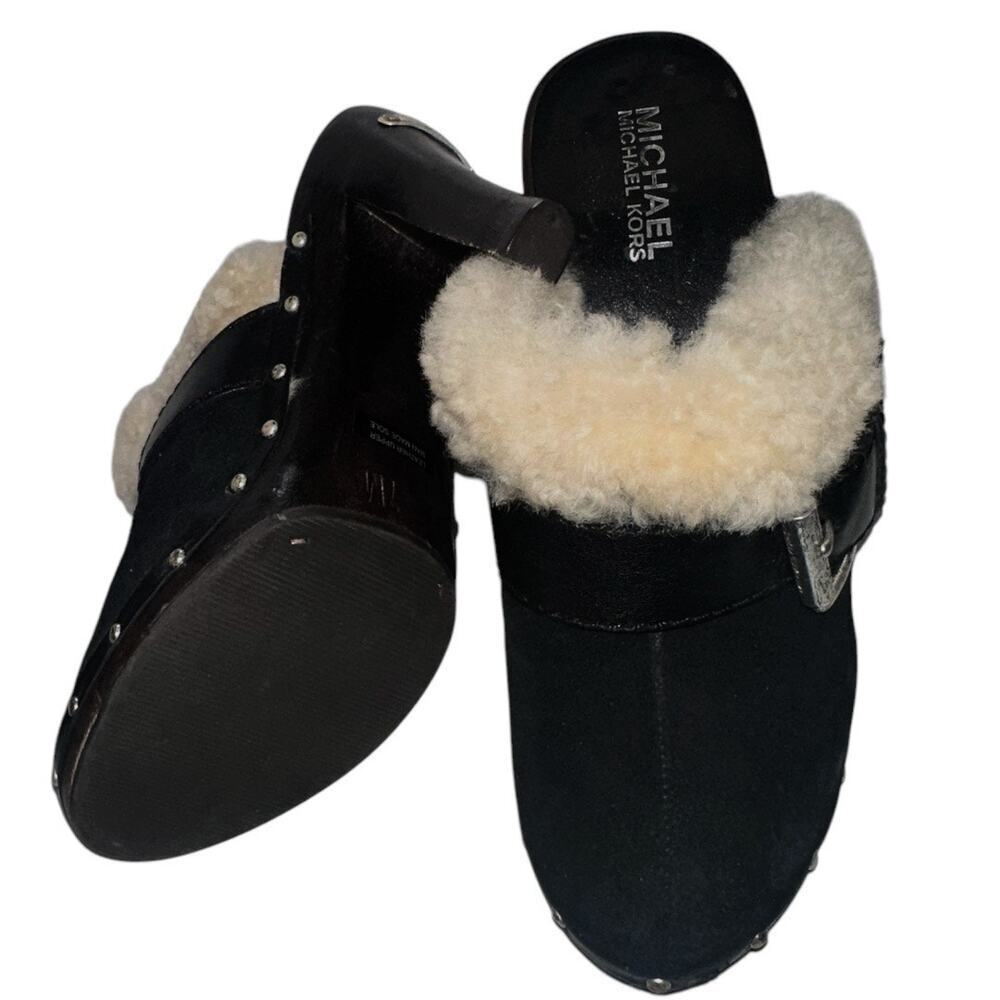 Michael Kors Women's 7 Black Suede heeled Clogs studded faux fur trim​​
